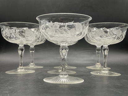 Set 7 Frosted Clover Motif Crystal Stemware: Set of 7 Clear & Frosted Clover Motif Crystal Stemware Glasses. Measures approx. 4.75W x 5.25H in. Chipping and surface wear present. home decor, home accents, homewares, housewares, home accessories,