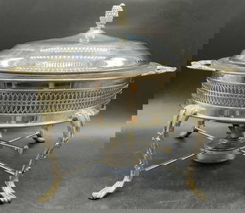 Sheffield Silver Plate Chafing Dish Glass USA: Vintage Sheffield Silver Plate Lidded Chafing Dish With Pyrex Glass Insert. Underside of lid reads Sheffield Silver Co. Made in USA. Pineapple finial to the lid, pierced metalwork designs, and raised