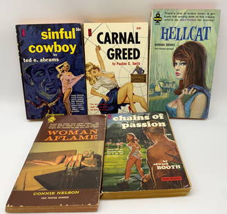 Lot 5 Vntg Pulp Fiction Erotica Books 1960s SMITH+: Lot 5 Vntg Pulp Fiction Erotica Books 1960s SMITH+ 5 erotica books including, Woman Aflame by Connie Nelson, Hellcat by Barbara Brooks, Carnal Greed by Pauline C. Smith, Sinful Cowboy by Ted E. Abrams
