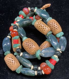 Vintage Handmade Semiprecious Beaded Necklace: Vintage handmade beaded necklace with semiprecious stones and ceramic beads. Necklace has weight. Drop length approx 16 inches. Some wear including scratching observed. Jewelry, estate jewelry, costum