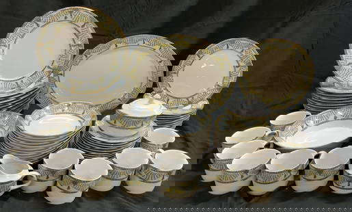 64 MUIRFIELD Porc Green & Gold Drapery Tableware: 64 MUIRFIELD Porc Green & Gold Drapery Tableware 1 serving platter, 1 bowl, 12 cups, 1 creamer, 1 sugar bowl w lid, 12 dinner plates, 12 small bowls, 12 saucer plates & 12 salad plates. Pieces have a