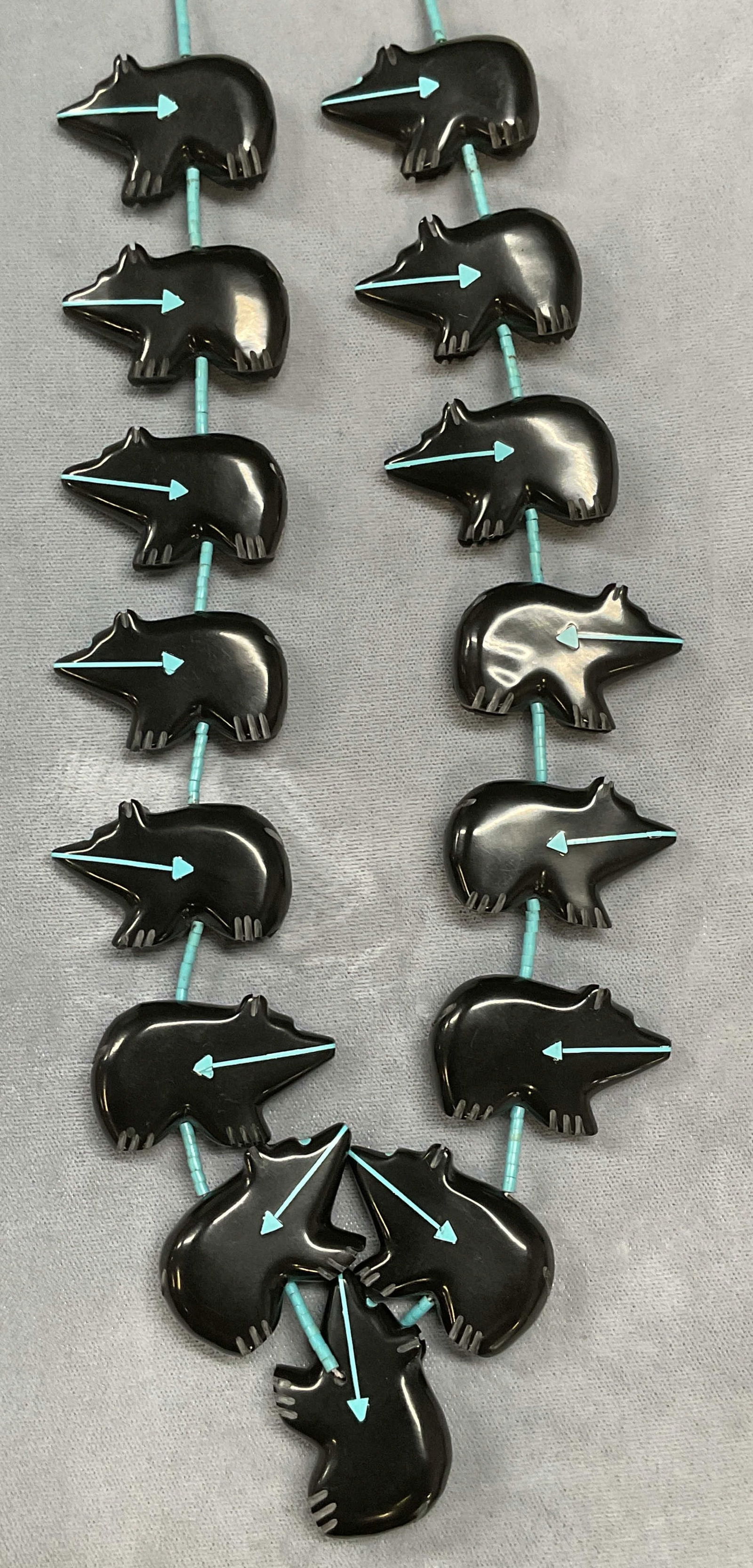 Handmade Carved Black Bear Beaded Necklace: Handmade necklace with carved and painted black bear motif pendants. Drop length approx 14.5 inches. Some wear including scratching observed. Jewelry, estate jewelry, costume jewelry, cocktail jewelry