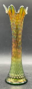 NORTHWOOD Vintage Swung Carnival Glass Vase: Vintage, possibly antique, Swung Carnival Glass Vase. Green and amber iridescent hues throughout. Raised glasswork design. Trademarked N to the underside, possibly NORTHWOOD. Measures approx. 11.25H x