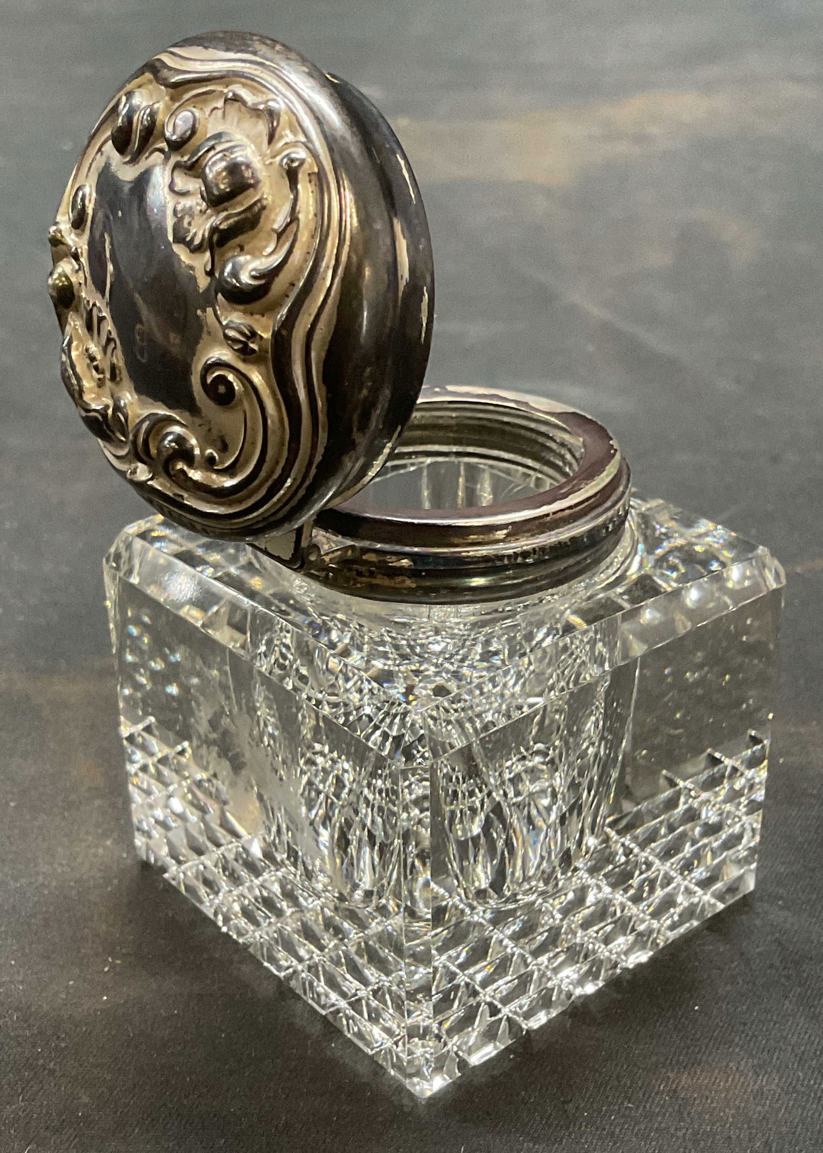 Antique Cut Crystal & Sterling Silver Inkwell (1 of 8)