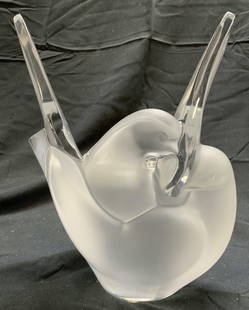 LALIQUE FRANCE SYLVIE Crystal Vase W Flower Frog: Underside is signed LALIQUE FRANCE. Vase is crystal itch frosted finished areas. Piece is in the form of 2 doves. Lalique SYLVIE vase. Lot includes flower frog. Piece measures approximately 8.25 inche