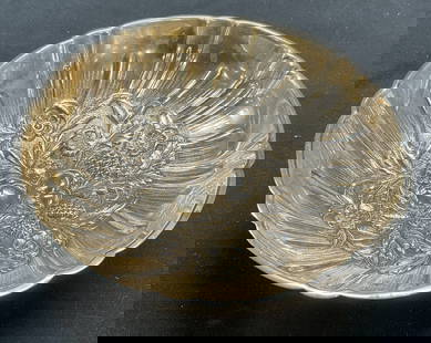 Antq S Kirk & Son Sterling Silver Repousse Bowl: Antique S. Kirk & Son sterling silver footed repousse bowl. Raised flower and fruit motif. Signed on outer below rim. Marked sterling. Numbered 430. Measures approx 4.5 x 1.5 inches. Total weight 3.28