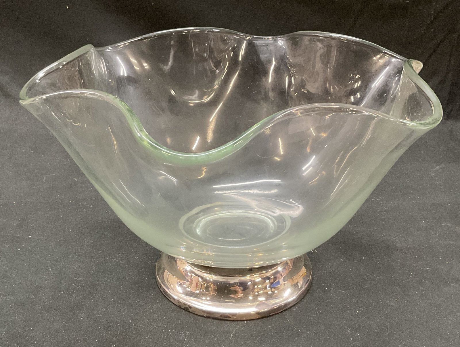 W&S Glass Bowl Silver Plated Pedestal Base: W&S Vintage glass bowl with silver plated pedestal base. Ruffled edge. 10 x 6 inches. Some surface wear consistent with age, light tarnish on base. Bottom comes off. W&S bowl, W&S glass bowl, glass bo