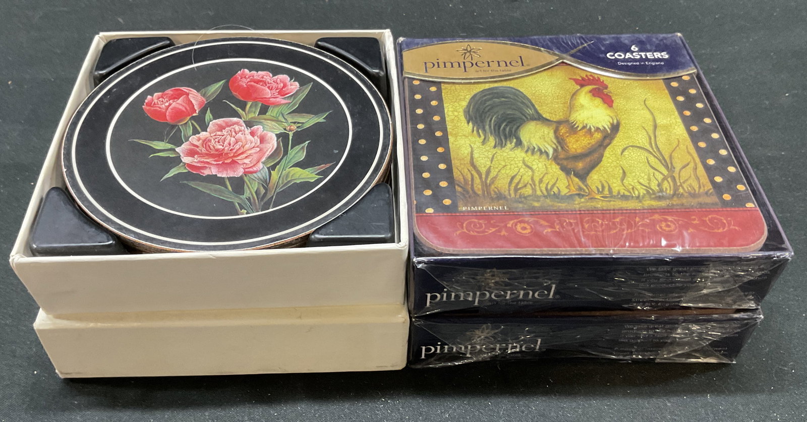 Lot 4 Pimpernel Acrylic Coaster Sets England: Lot 4 Pimpernel acrylic coaster groups, sets. 4 coaster sets with 6 coasters each, 24 coasters total. 2 sets of round peony spray coasters, 2 sets of square rise and shine coasters NIP. Made in Englan