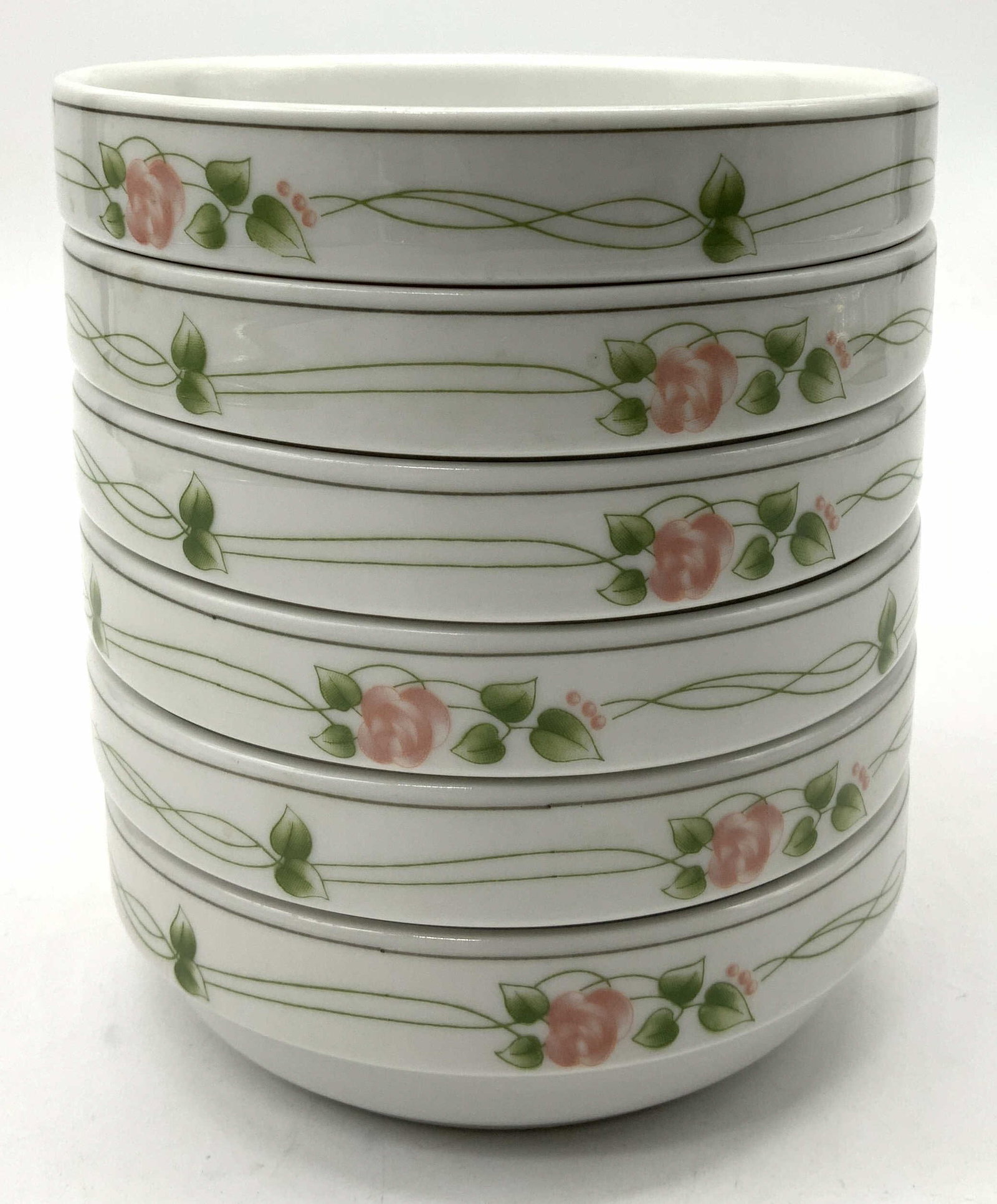 6 SCHONWALD Pink Roses Porcelain Bowls GERMANY: 6 SCHONWALD Pink Roses Porcelain Bowls GERMANY 6 porcelain bowls with a delicate floral pattern with pink roses & green leaves. Signed & marked on underside. Surface wear consistent to age, use & expo