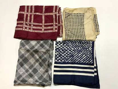 4 Assorted ECHO, ANNE KLEIN, Silk Print Scarves: 4 Assorted ECHO, ANNE KLEIN, Silk Print Scarves 4 assortment Scarves that have different patterns & colors. Including geometric patterns, striped patterns & more. Colors including, maroon, navy, beige