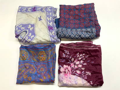 Lot 4 Assorted Geometric Silk Scarves VERA+: Lot 4 Assorted Geometric Silk Scarves VERA+ 4 assorted silk Scarves, Scarves, are different colors & patterns. Including pink, blue, purple, red colors. Silk Scarves have geometric, floral & butterfly