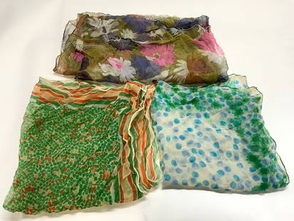 Lot 3 Assorted Geometric Scarves BURMEL, JAPAN+: Lot 3 Assorted Geometric Scarves BURMEL, JAPAN+ 3 assorted geometric Scarves, Scarves read REDFISH DESIGNS, BURMEL & VERA. Scarves have different patterns & colors. Signed & marked. Surface wear consi