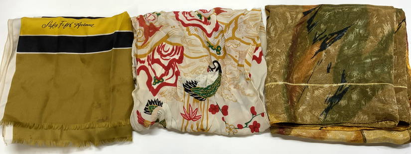 3 Assorted Silk Scarves SAKS FIFTH AVENUE JAPAN+: 3 Assorted Silk Scarves SAKS FIFTH AVENUE JAPAN+ 3 assorted silk Scarves. Scarves have different patterns & colors. One scarf has a floral & bird pattern. Signed & marked. Reads THE METROPOLITAN MUSEU