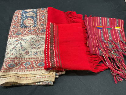 Lot 3 Assortment Patterned Scarves: Lot 3 assortment patterned scarves. Lot includes, 2 shawls and 1 long scarf. Material feels like linen. 35 x 55 inches. Some surface wear consistent with exposure. Slight tearing, discoloration, stain
