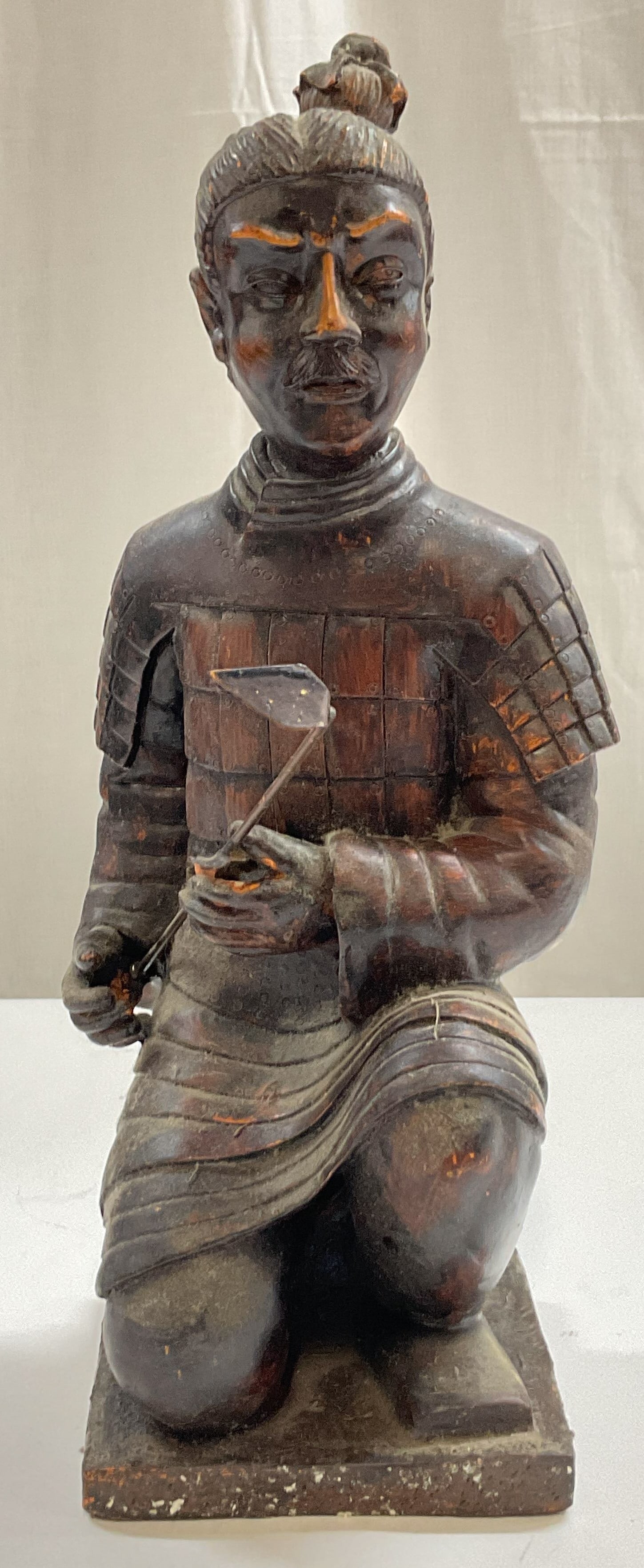 Atq Kneeling Terracotta Soldier Sculpture: Antique Chinese kneeling terracotta soldier sculpture. Material appears to be plaster and resin. 15 x 5 x 5 inches. Surface wear including chipping, paint loss, and scratching observed. Homeware, tabl