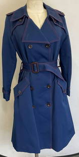 Forecaster of Boston Navy Blue Trench Coat: Forecaster of Boston navy blue trench coat. Navy blue with red sewing. 2 front pockets. Belted waist. 100% woven polyester. Size 9/10. Some surface wear consistent with exposure. Slight scuffing. Vint