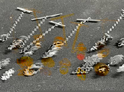Lot 10 Vintage Jewelry, Tie Tacks, Pins: A lot consisting of jewelry pieces and whole jewelry. Includes 2 silver tie tacks, 3 gold tie tacks, 2 tie tack pieces, 1 USA Olympics 2002 pin, 1 jewelry backing, 1 religious clasp pendant. Tie tack