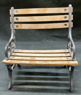 Vtg Wood and Wrought Iron Mini Doll Park Bench: Vintage wood and wrought iron mini doll park bench. 7.5 x 5 x 7 inches. Some surface wear consistent with exposure. Residue and chipping observed. Home decor, table decor, doll mini bench, mini bench,