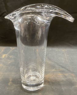 Art Nouveau Style Heavy Glass Vase: Art nouveau style heavy glass vase. Organically shaped rim design with tapered body. Thick walled glass, piece has weight. Measures approx 7.25 x 4.75 x 10 inches. Some wear including scratching. Vase