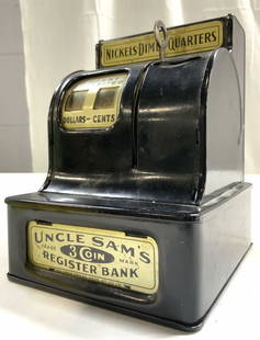 UNCLE SAMS 3 COIN VTG REGISTER BANK: Front of piece reads UNCLE SAMS 3 COIN REGISTER BANK. Piece is vintage and metal. Bank has cash register form. Piece has lever. Coin bank measures approximately 6 inches tall 4.5 inches wide 5.5 inche