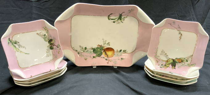 HAVILAND LIMOGES Set 9 Porc Serv Dish & Plates: Undersides are marked HAVILAND LIMOGES. Lot includes 1 serving dish & 8 plates. Each are vintage and porcelain. Pieces each have fruit and leaf detail. Includes dishes with pink, Light orange and ligh