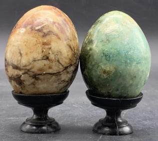 Lot 2 Natural Stone Eggs W/ Black Stands