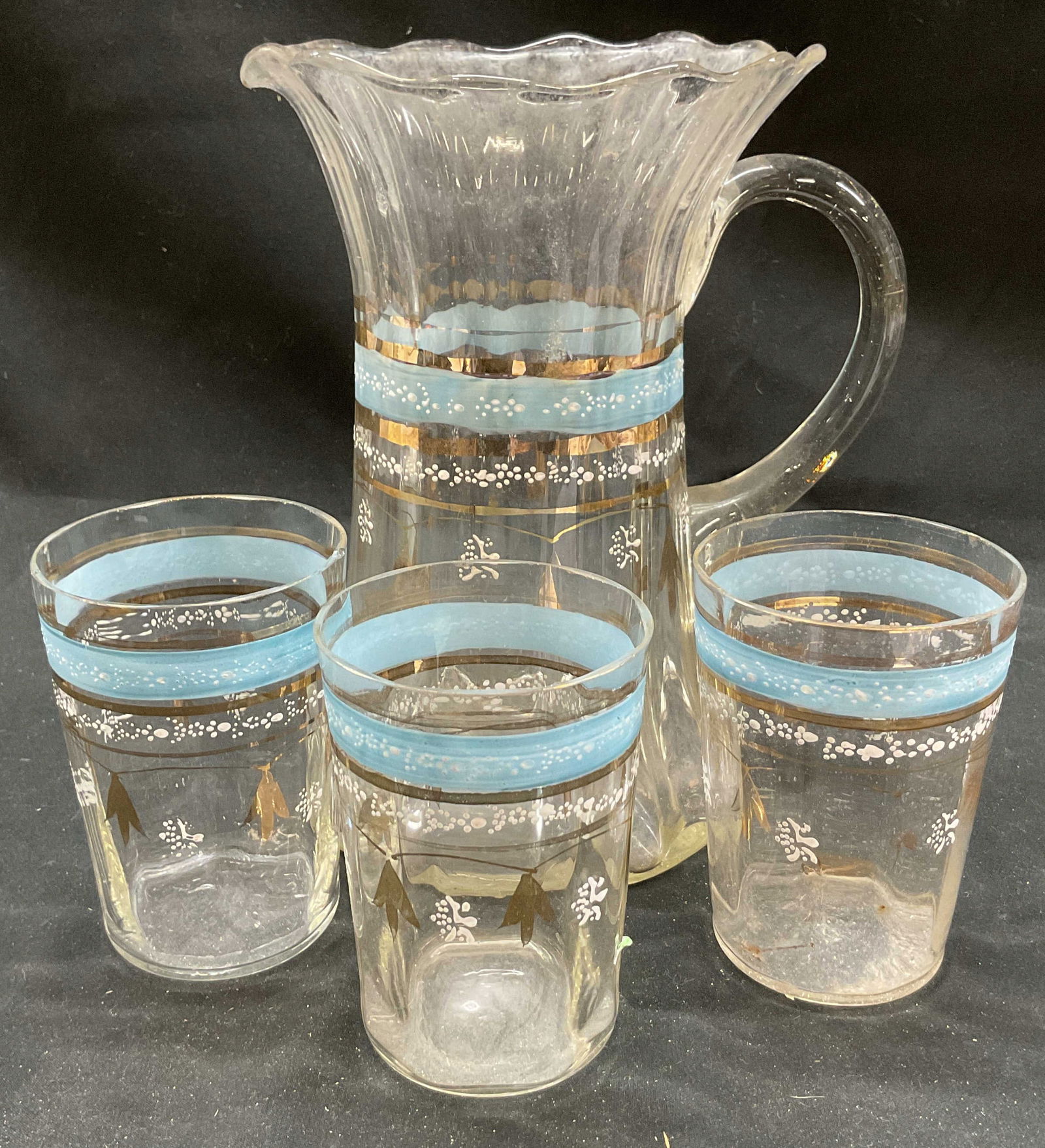 Set 4 Vtg Victorian Enamel Glass Cups Pitcher (1 of 8)