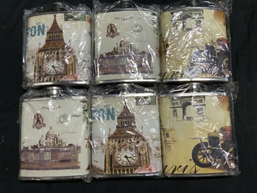 6 London-Themed Stainless Steel Hip Flasks NIP