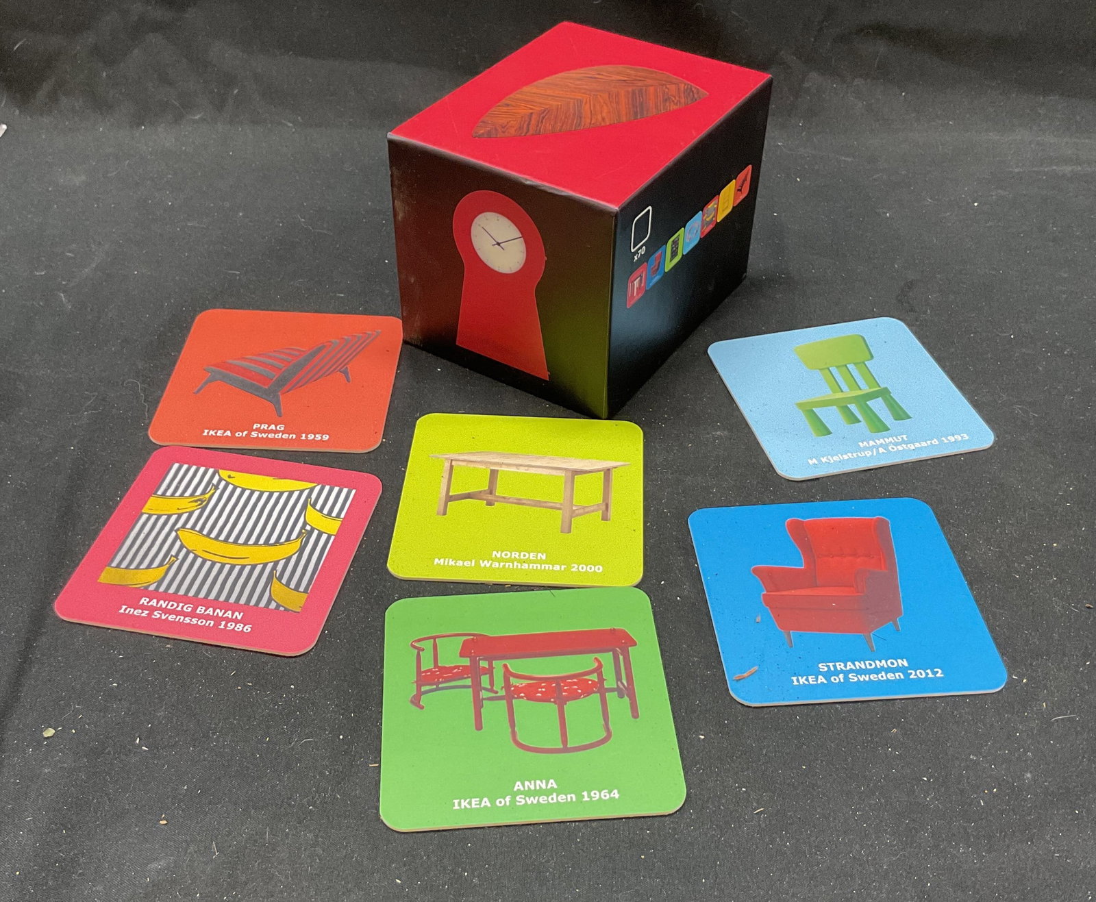 IKEA Bevisa Memory Card Travel Match Game: IKEA bevisa memory card travel match game. Includes 70 cards, forming 35 image pairs. Feature iconic IKEA designs. Limited edition. Box measures 3.5 x 3.5 x 4.5 inches. Made in Italy. Some surface wea