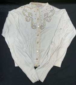 Vtg Marshall Field Co White Knit Beaded Cardigan