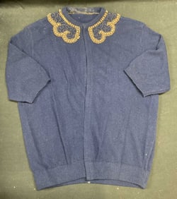 Vtg Knit Blue Beaded Short Sleeve Cardigan