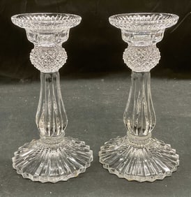 Pair Vtg Clear Cut Glass Candle Holders