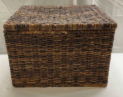 Vintage Lidded Wicker Basket With Handles: Vintage wicker basket with handles and hinged lid. Measures approx 17.5 x 14.5 x 12.25 inches. Some rubbing and wear to corners. Basket, wicker basket, lidded basket, basket with handles, storage bask