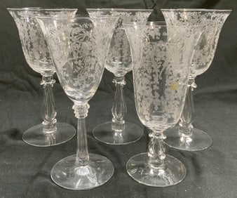 Lot 5 Fostoria Meadow Rose Crystal Goblets