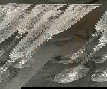 Lot 5 Fostoria Meadow Rose Crystal Goblets: Lot includes 5 goblets. Each appear to be Fostoria Meadow Rose (No apparent markings). Goblets are each crystal. Each piece has frosted floral and leaf relief Detail. Largest piece measures approximat