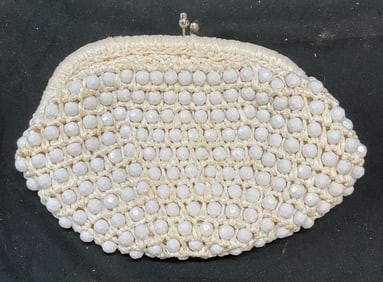 Vtg KGA White Straw & Beaded Crystal Handbag
