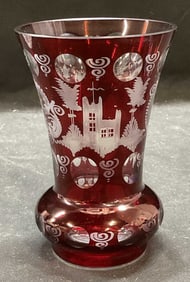 Vintage Cranberry to Clear Etched Glass Vase