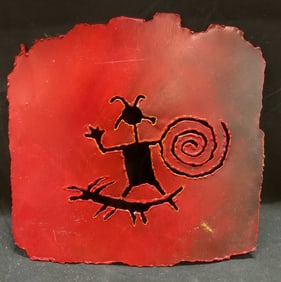 Sgn W Arista Red Painted Iron Tribal Motif Plaque