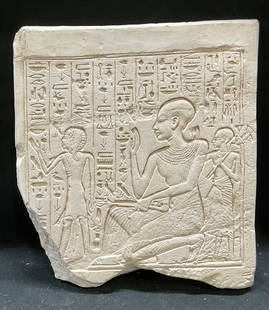 Metropolitan Museum Egyptian Relief Plaque: Metropolitan Museum of Art plaster relief plaque with Egyptian hieroglyphic motif. Signed on underside. Measures approx 10 x 9 inches. Piece has weight. Wear including scratching and chipping. Art, wa