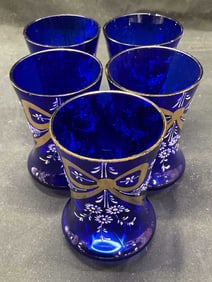 Set 5 Vtg Cobalt Blue Floral Glass Vases