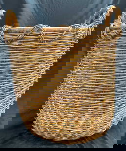 XL Woven Wicker Basket with Handles 21 in T: Handmade woven wicker basket with handles. Measures approx 19 x 21 inches. Some wear including scratching and losses. Wicker basket, woven basket, basket with handles, homewares, home decor, home acce