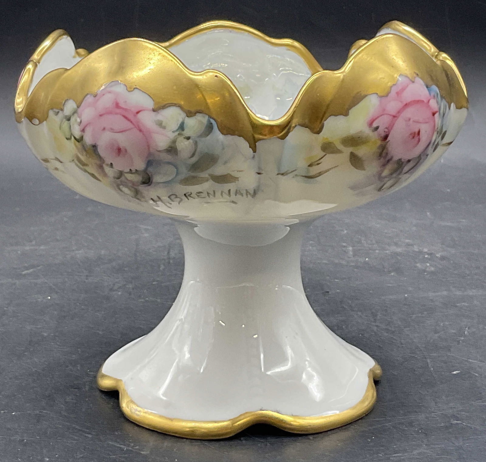 H. BRENNAN Sign Hand Paint Porcelain Pedestal Bowl (1 of 7)