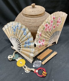Lot 8 Vtg Folk Art Basket Folding Hand Fan & More