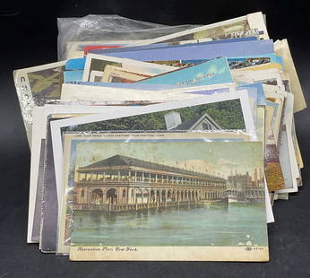 Grp Lot 30+ Vintage Postcards & Ephemera, 1955 NY+: A group lot of vintage postcards. Some of the postcards have stamps affixed to the back. The 1955 postcard featuring Recreation Pier in New York measures approx. 5.5W x 3.25L in. Not examined individu