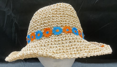 Woven Paper Straw Orange Blue Floral Hat