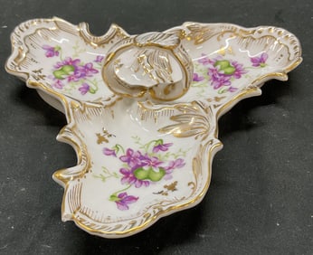 Vtg 3 Section Handled Hand Painted Floral Dish