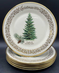 6 LENOX Vintage Commemorative Christmas Plates USA: Lot of Six LENOX Vintage Commemorative Christmas Plates. Porcelain plates featuring conifers and dates to the obverse. The undersides are signed LENOX made in USA and detail the type of tree and the d
