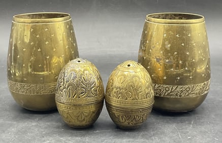 Lot 4 Brass Tone Metal Seasoning Shakers & Cups