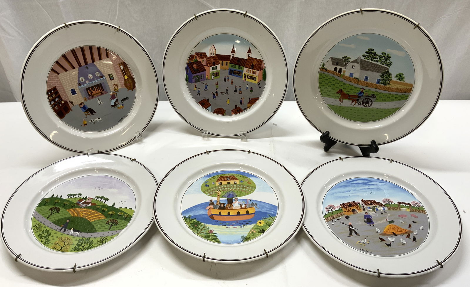 6 VILLEROY&BOCH Design Naif Porc Plates Luxembourg: 6 VILLEROY & BOCH Design Naif Porcelain Plates 6 porcelain plates depicting Naif collection. Plates feature a folk art & figures decorations. Signed & marked on underside. Reads VILLEROY & BOCH. Surfa