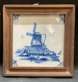 Signed Framed Delft Style Ceramic Windmill Tile